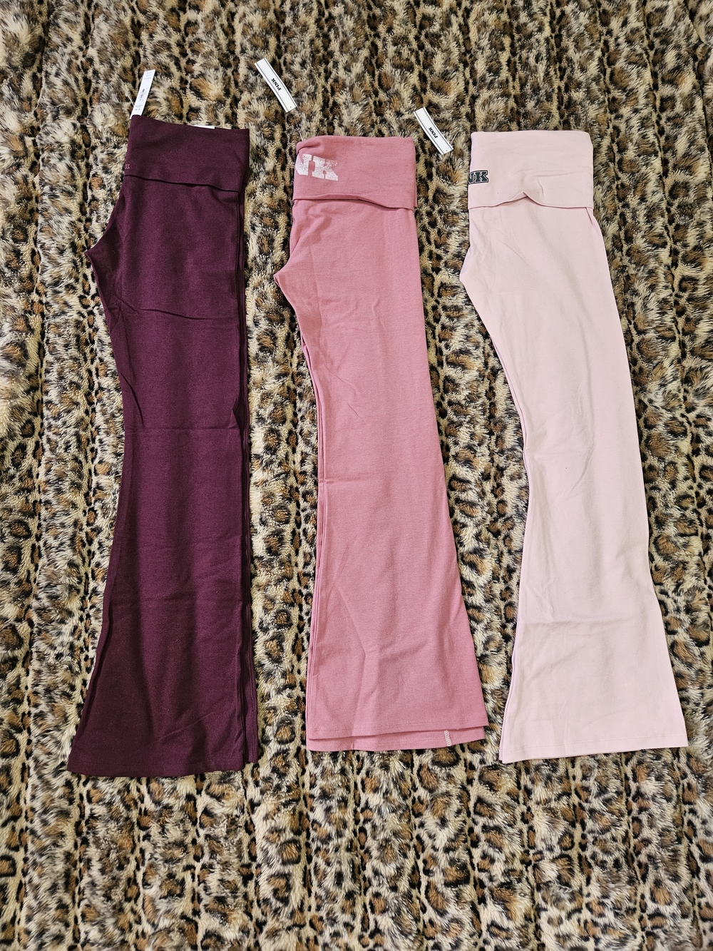 PINK Victoria's Secret Trio of Flared Leggings in Burgundy, Rose, and Light Pink